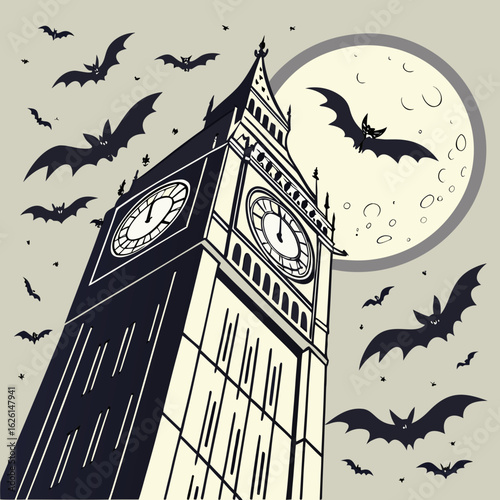 Big ben tower with bats flying around it and the moon in the background in a spooky halloween night