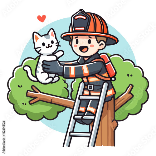 Brave Firefighter Rescues Cat from Tree with Ladder Cartoon Style