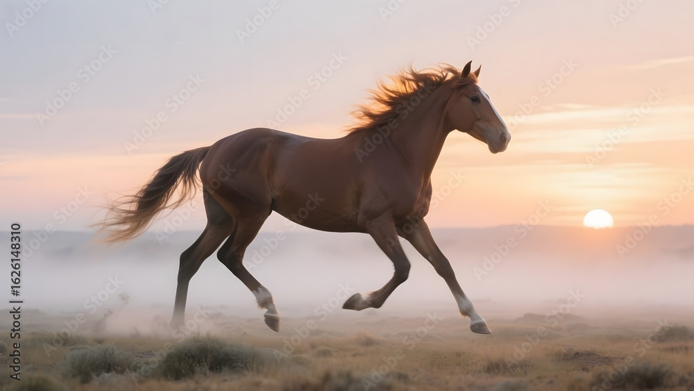 Fototapeta premium A majestic horse gallops freely across a dusty plain at sunset.