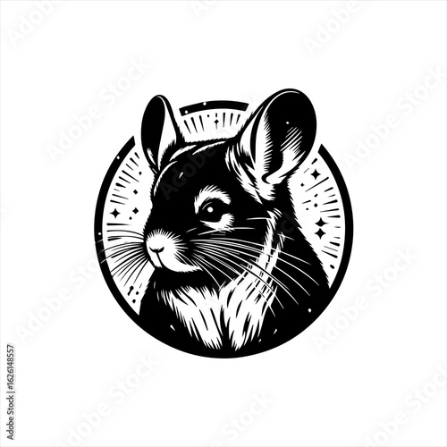 Cute Chinchilla Head Black and White Illustration.