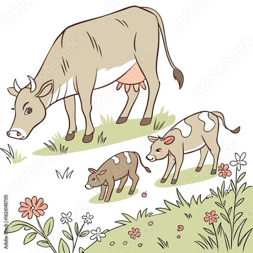 A gentle cow with her two calves grazing peacefully in a grassy field with flowers isolated on white background