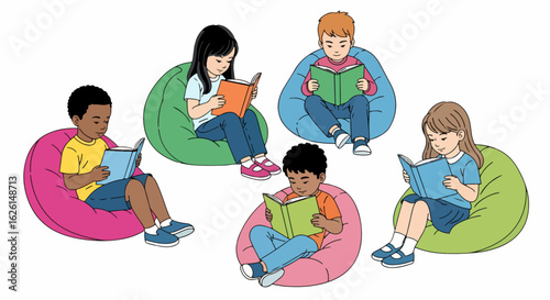 Children reading colorful books while sitting on beanbag chairs. Group of children reading together, enjoying a good story and learning in a comfortable setting.