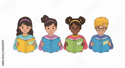 Children reading books, engrossed in stories and expanding their minds, captured in bright illustration. Children reading together exemplifies the joy of learning, shared knowledge,