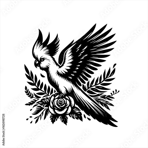 Elegant Cockatoo Bird with Rose and Floral Illustration.
