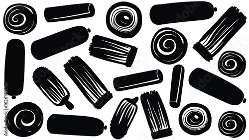 Black silhouette pattern of rolled food items and cylinders