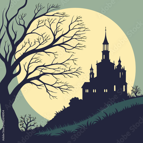 Silhouette of a spooky castle on a hill with a large moon behind it and a bare tree in the foreground view