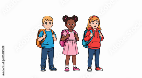 Children with backpacks, a trio of students ready for school, standing on white backdrop. These children with backpacks, ready for learning, represent diversity and friendship,