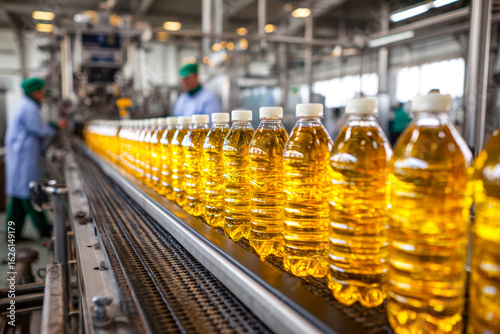 Bottled cooking oil on a production line in a factory setting