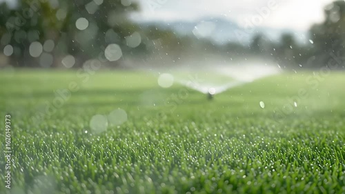 Sprinkler system watering lush green grass in a sunny landscape, droplets sparkling in sunlight, showcasing effective irrigation and vibrant lawn care techniques