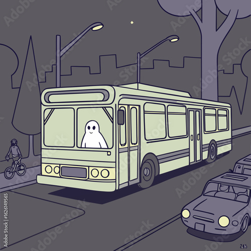 A ghost driving a bus at night with a cyclist and cars on the street in a city with street lights