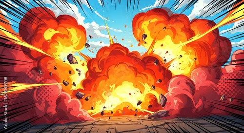 A comic book illustration of a large explosion with orange clouds and debris