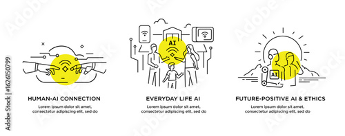 Set of illustrations concept with businessmen. technology, partnership, artificial intelligence business robot, cybes. linear illustration Icons infographics. Landing page site print poster. Line