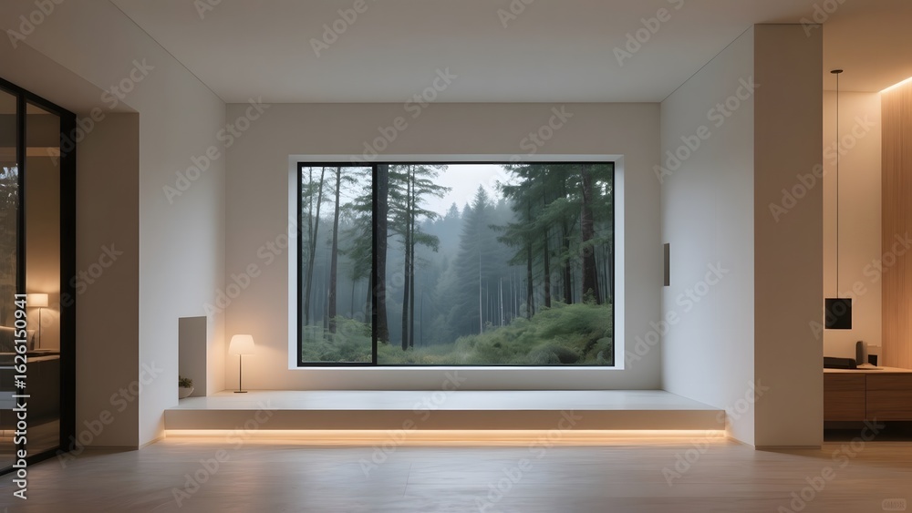 Obraz premium Modern interior with large window showcasing a serene forest view
