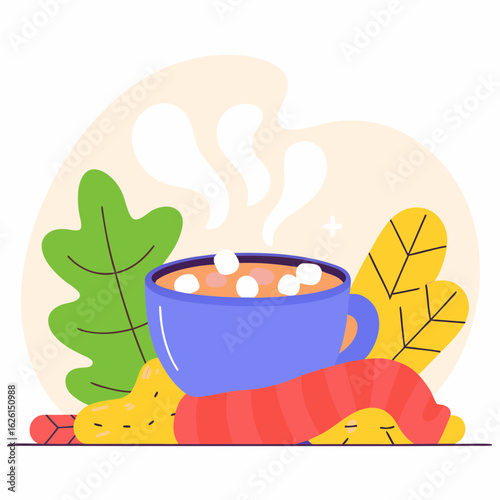 Purple cup of hot drink with marshmallows and rising steam beside cozy scarf and colorful autumn leaves
