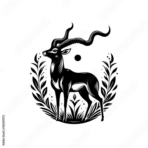 Majestic Antelope with Spiraling Horns and Floral Surround.