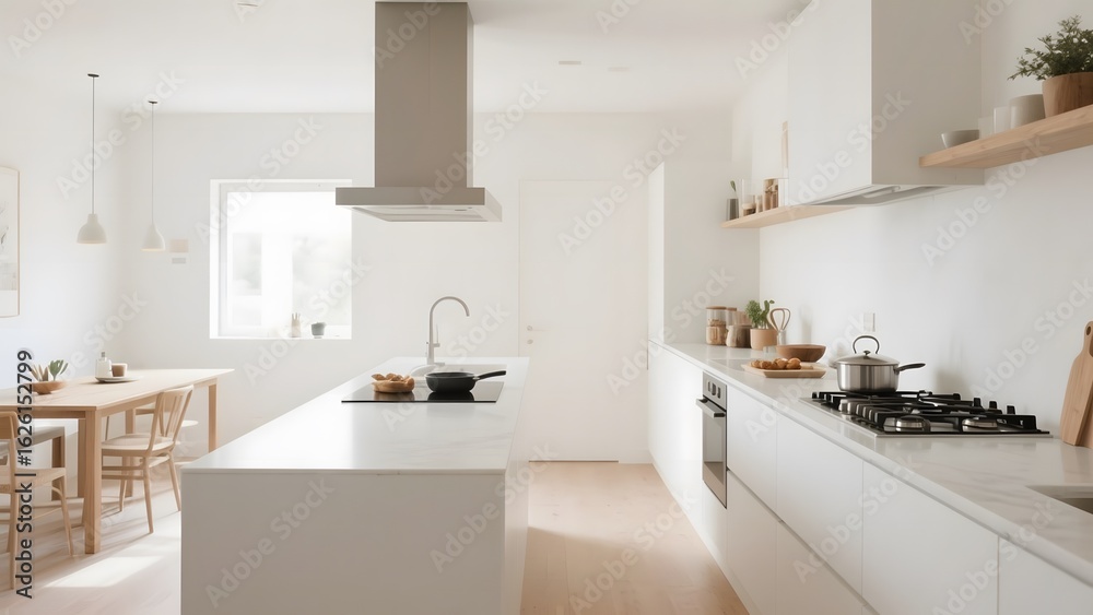 Modern minimalist kitchen with white cabinetry, central island, and natural light Modern minimalist kitchen with white cabinetry, central island, and natural light