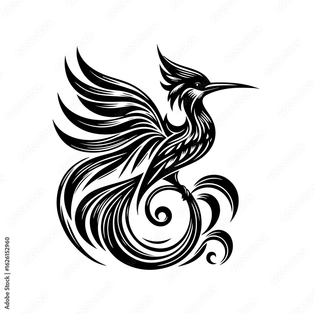 Fototapeta premium Stylized Black Bird with Flowing Tail Feathers.