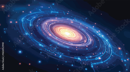 Abstract illustration of a spiral galaxy with glowing lights and technological elements.