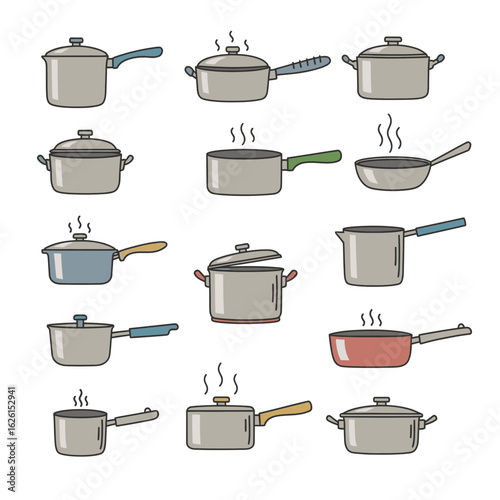 Various cooking pots and pans with steam in colorful styles  
