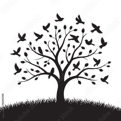 Tree with birds flying away silhouette