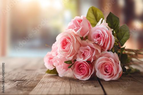 Realistic pink rose bouquet resting on rustic table with warm natural light and soft petal textures