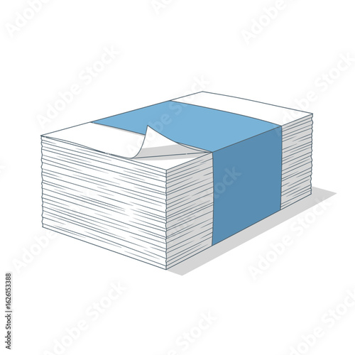 Stack of printer paper wrapped with blue band  