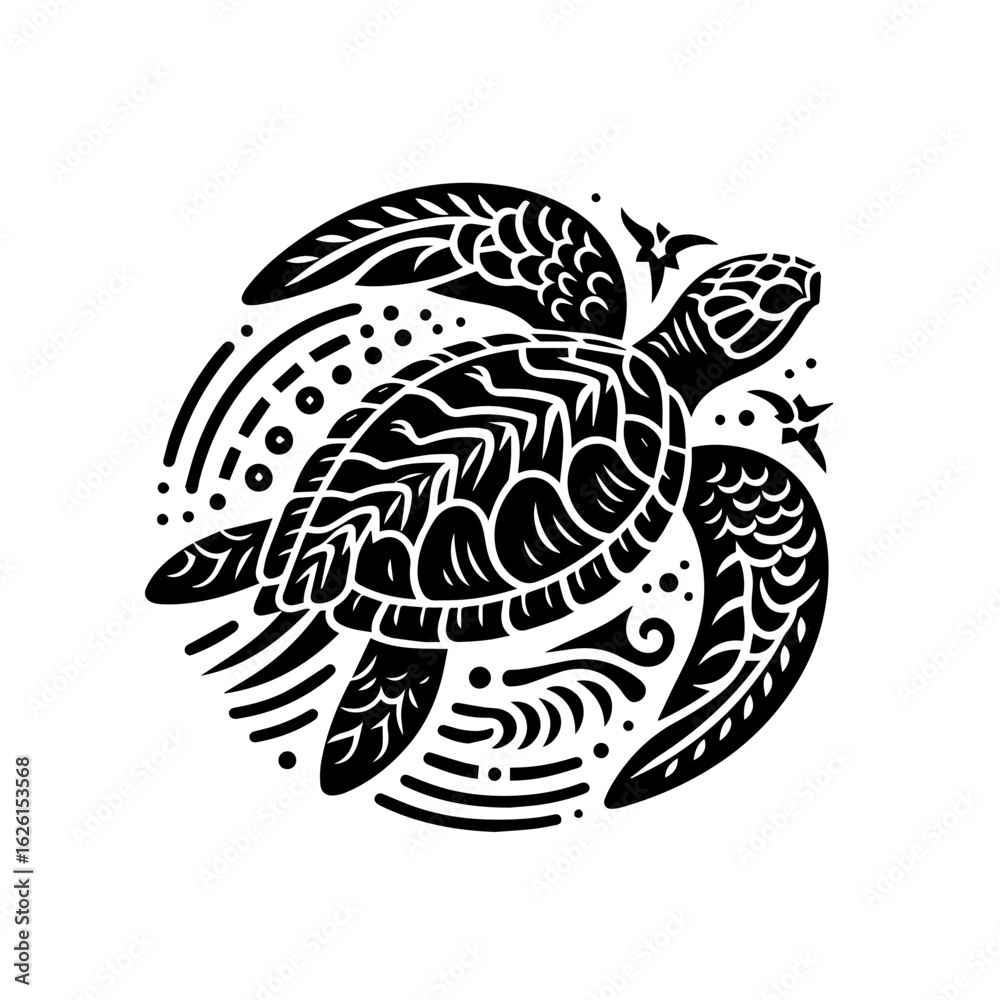 Fototapeta premium Stylized Black Sea Turtle with Tribal Patterns.