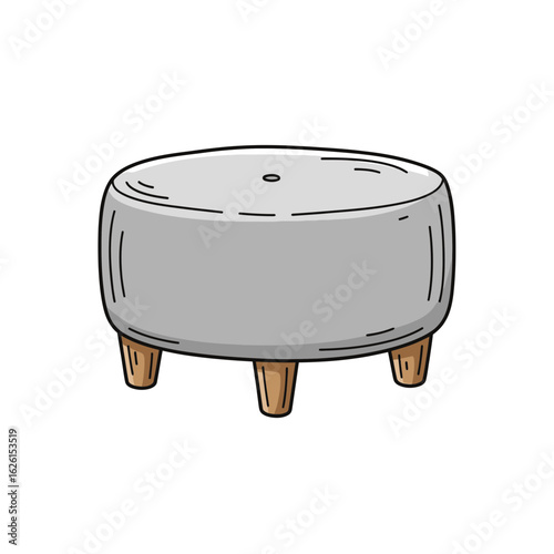 Round gray ottoman with wooden legs in minimalist style  