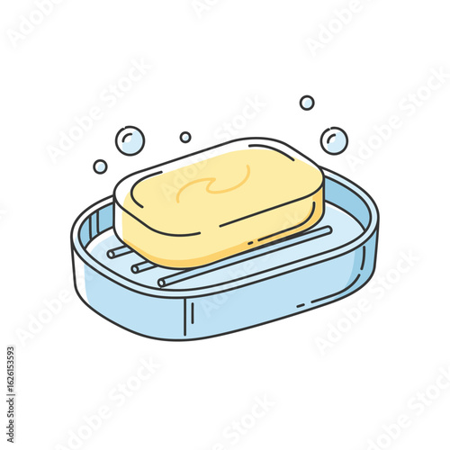 Soap bar in a soap dish with bubbles on a white background  