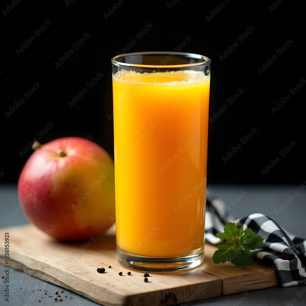 Fototapeta premium A glass of mango juice with a mango on a wooden cutting board