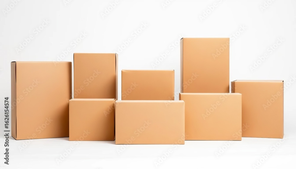 Obraz premium Seven light brown cardboard boxes, various sizes, standing upright on white background, container, brown package