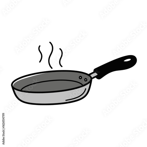 Frying pan with steam rising, indicating heat and cooking  