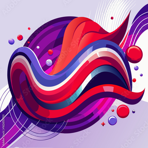 Dynamic abstract swirls of red blue and purple with floating spheres and lines