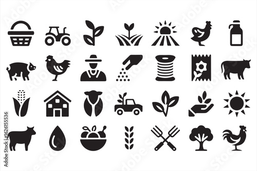 Minimalist farming vector icons featuring poultry, tractor, and harvest symbols