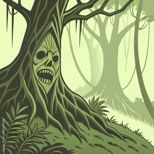 Illustration of a spooky face carved into a tree in a jungle with vines and other trees in the background