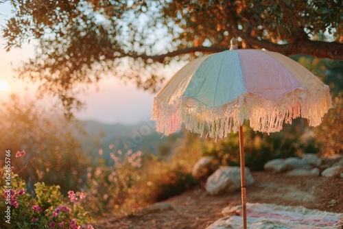 Wallpaper Mural Colorful Vintage Umbrella Under a Sunset Sky with Soft Light Casting Beautiful Shadows on a Picnic Blanket Surrounded by Flowers and Nature's Beauty Torontodigital.ca
