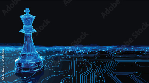 Futuristic blue king chess piece on a circuit board concept for technology strategy.