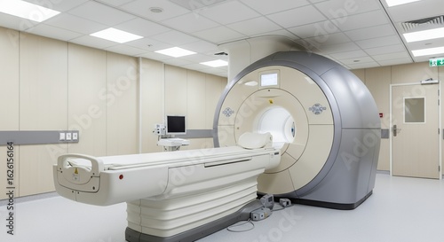 Advanced Mri Machine in Brightly Lit Medical Facility Featuring a White Examination Table Ready for Diagnostic Imaging and Illuminated by Overhead Lighting in a Sterile Environment