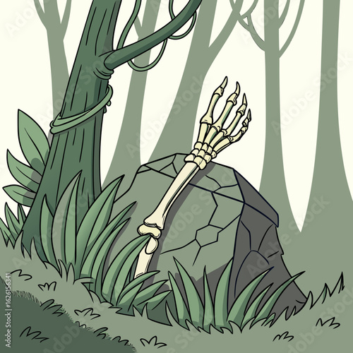 A skeletal arm rests on a rock in a forest with trees and vines in a cartoon style illustration scene