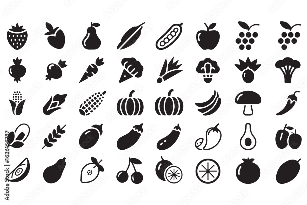 Obraz premium Organic produce icon set including apple, corn, banana, and strawberry