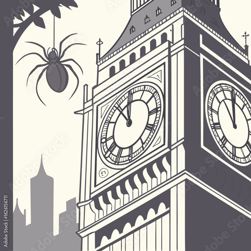 Illustration of big ben with a spider hanging from a tree branch and city buildings in the background