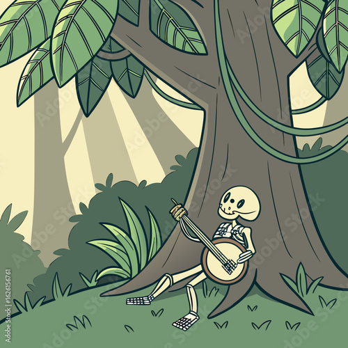 Skeleton playing banjo under a tree with leaves and vines in a forest with sunlight shining through trees