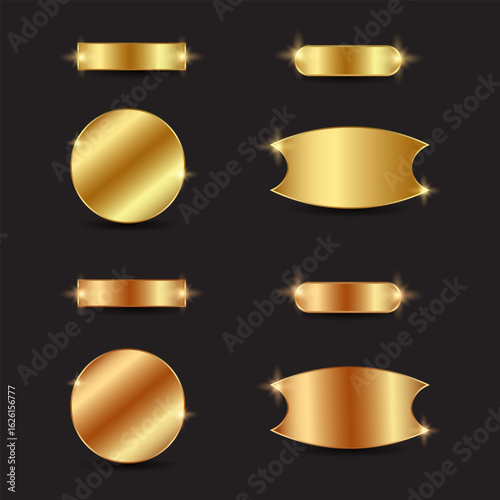 Glossy golden metal plates in various shapes like bars, circles, and banners on dark background, with polished reflections, luxury style, perfect for labels, awards, or premium branding.