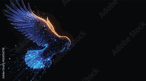 Futuristic geometric illustration of a soaring eagle against a black background.