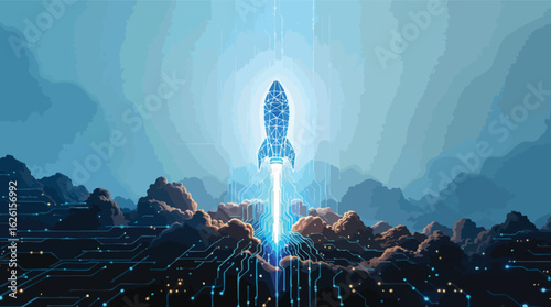 Futuristic digital rocket launching through blue skies over circuit board landscape.