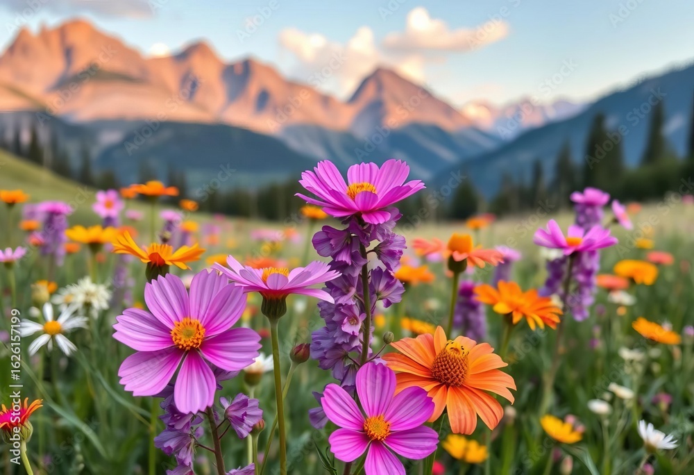 Obraz premium Vibrant wildflowers bloom in a meadow, majestic mountains and pine forest in background, vibrant colors, wallpaper