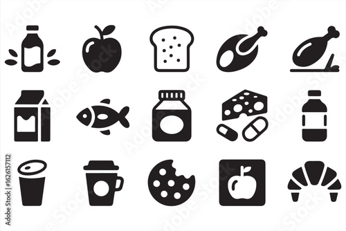 Flat food and drink icon set with dairy, fruit, fish, and prepared meals