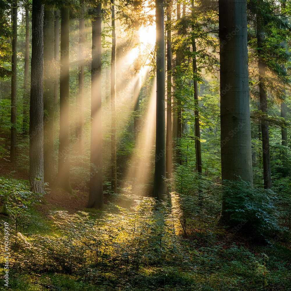 Fototapeta premium Sunbeams filtering through dense pine forest, casting light and shadow across the trees.