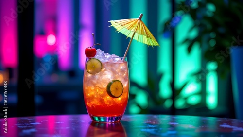 A vibrant cocktail with a colorful backdrop, featuring ice, lime slices, a cherry, and a decorative umbrella, perfect for a refreshing drink.