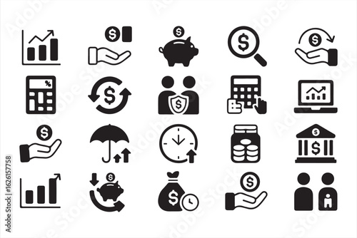 Set of accounting and financial tools icons including calculator and charts